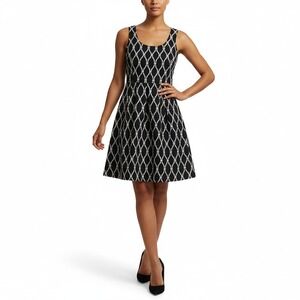 Banana Republic Women Dress Rope Lattice Print Cotton Fit Flare Black White 10